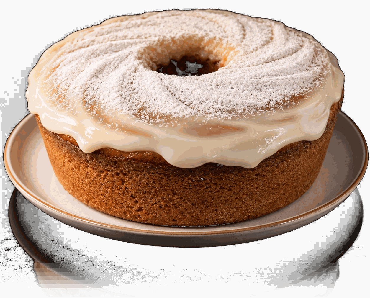 Bolo de Ninho Caramello, coberto com creme e açúcar de confeiteiro
